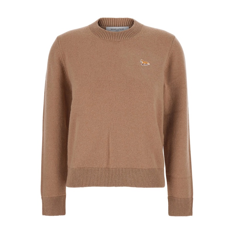 Brown Crew Neck Sweater with Fox Patch on the Front in Wool Man