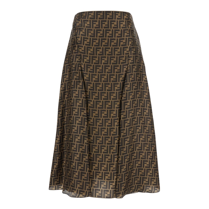 Brown Flared Midi Skirt with All-Over FF Motif in Silk Woman