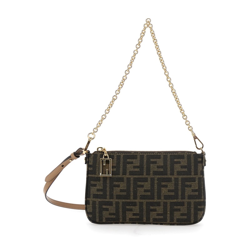 Brown Handbags with Chain Strap and FF All-Over Motif in Fabric Woman