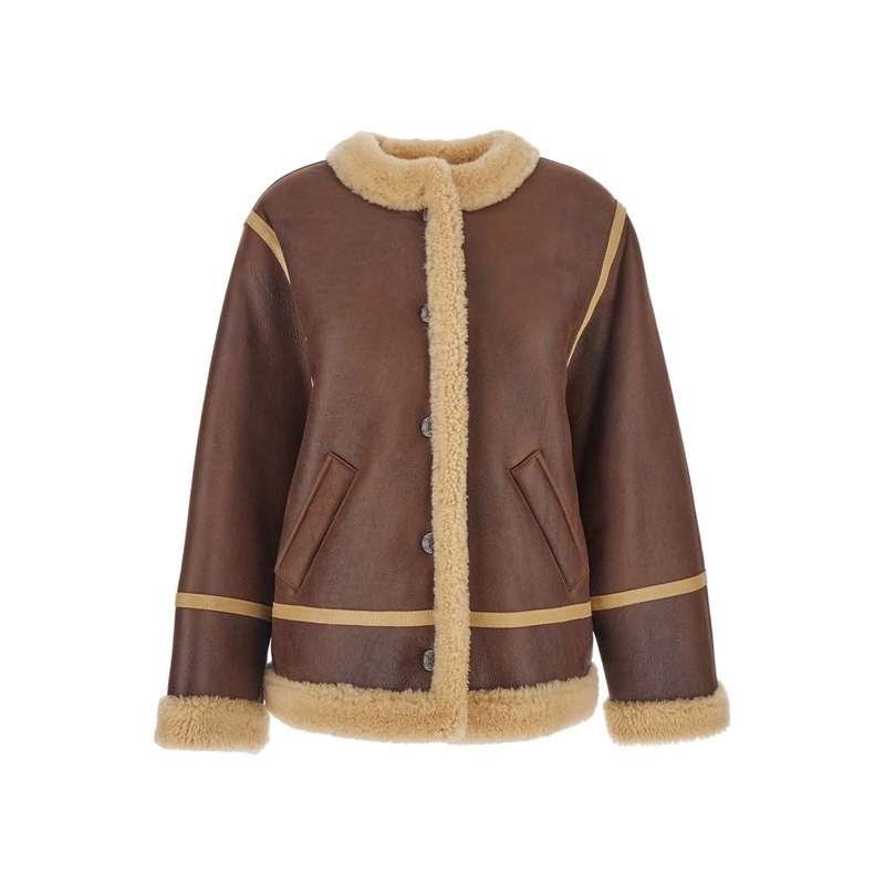 Brown Shearling Jacket with Round Neck and Side Pockets in Shearling and Leather Woman