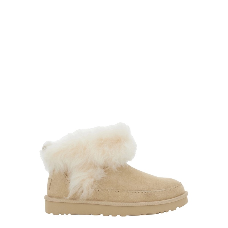 ‘Classic Ultra Mini Chalet’ Beige Ankle Boots with Fur Design in Suede Woman