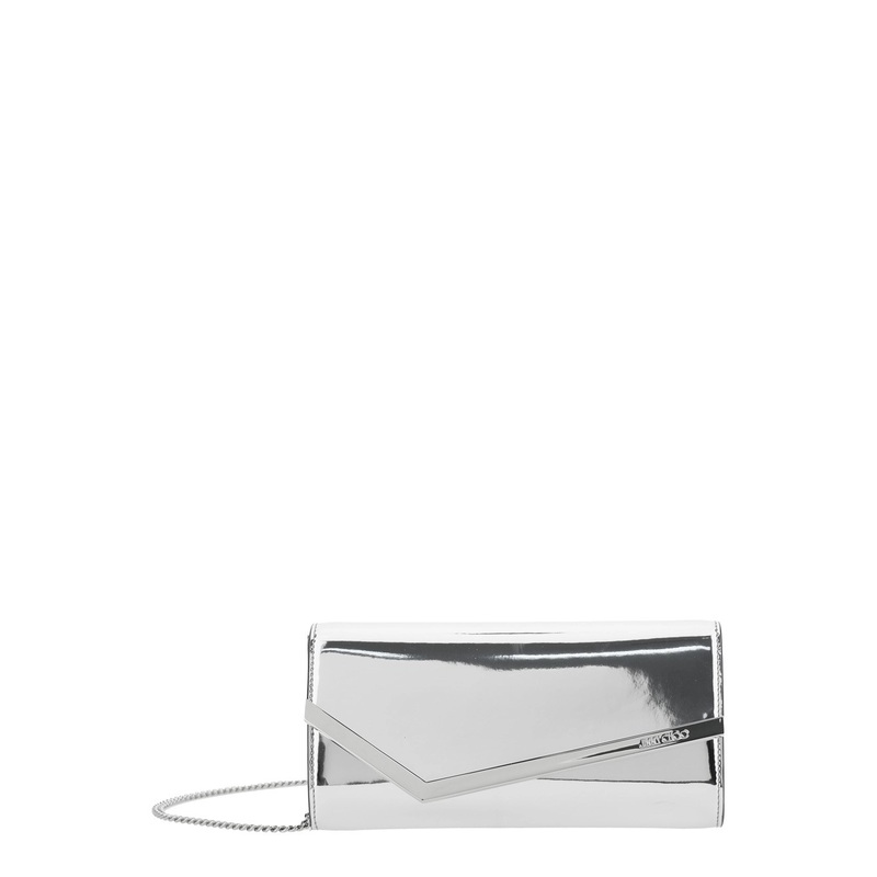 ‘Emmie’ Metallic Envelope Clutch with Logo Lettering on the Front and Chain-Link Shoulder Strap in Leather and Fabric Blend Woman