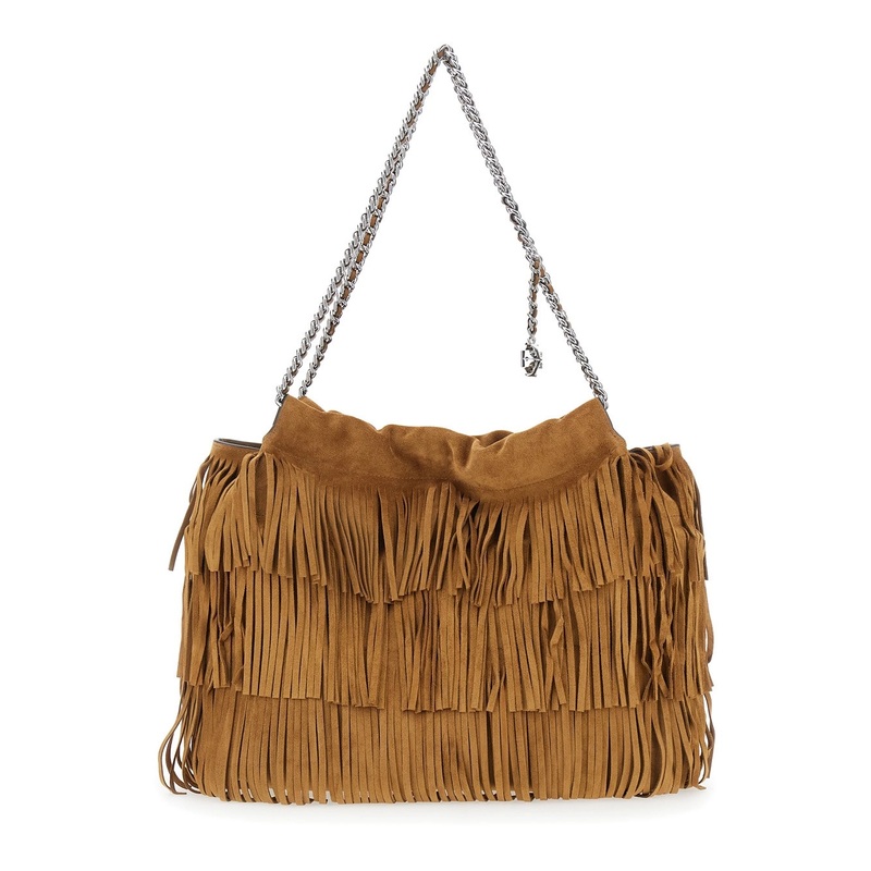‘Fleming’ Brown Shoulder Bag with Chain Strap and Fringe Design in Suede Woman