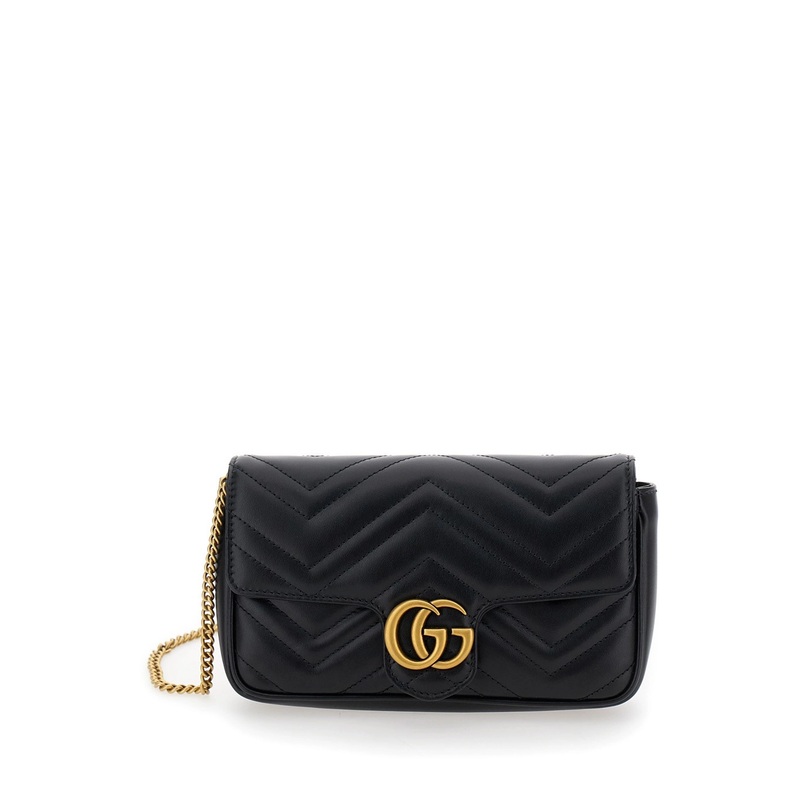 ‘GG Marmont 2.0’ Mini Black Crossbody Bag with Double G in Chevron Leather Woman