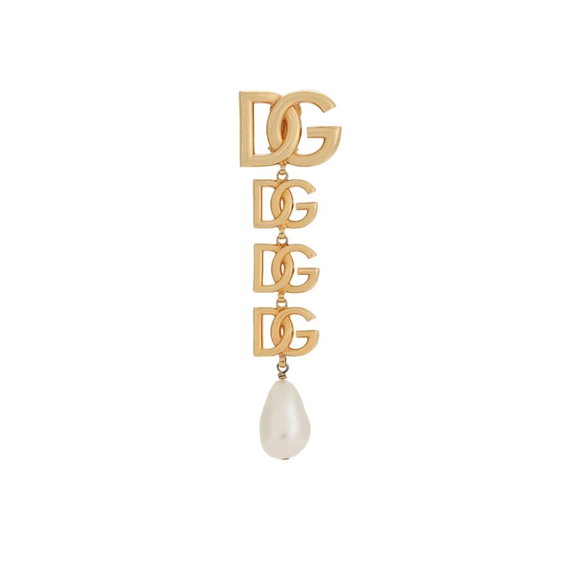 Gold-Colored Single Earring with DG Logo and Pearl Design in Bronze Woman