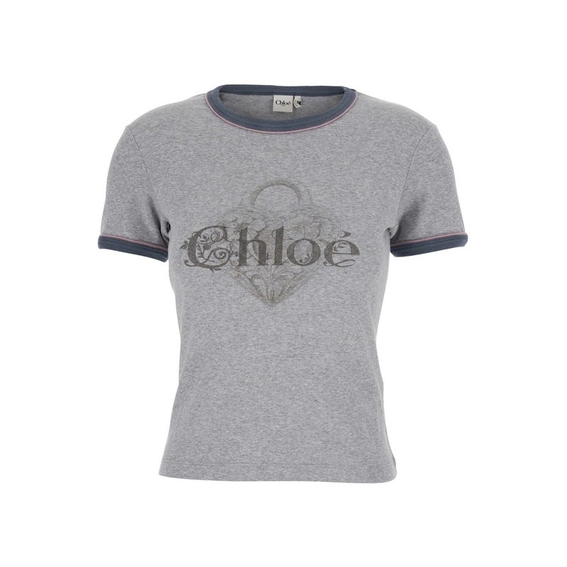 Grey Crewneck T-Shirt with Logo Lettering on the Front in Cotton Woman