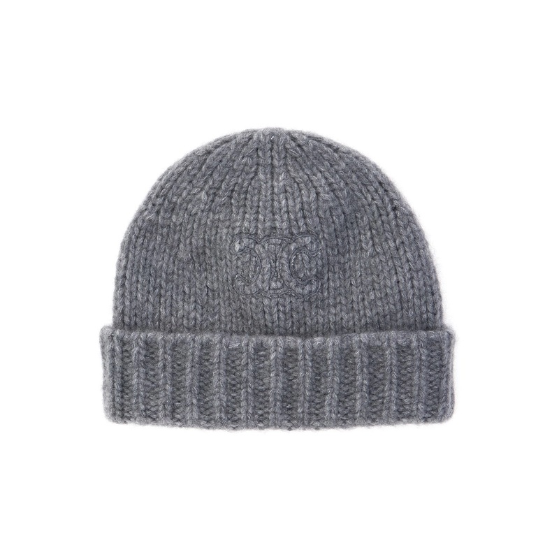 Grey Ribbed Beanie with Logo Patch on the Front in Wool Woman