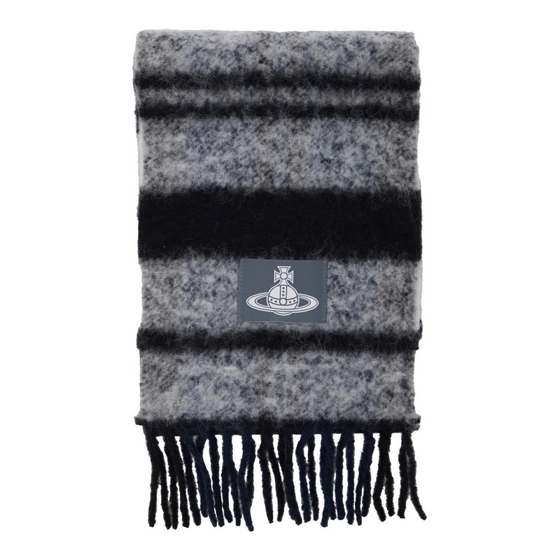 Grey Scarf with Orb Patch on the Front and All-Over Striped Motif in Wool Unisex