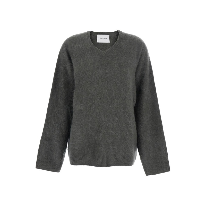Grey Sweater with V Neck and Brushed Effect in Cashmere Woman