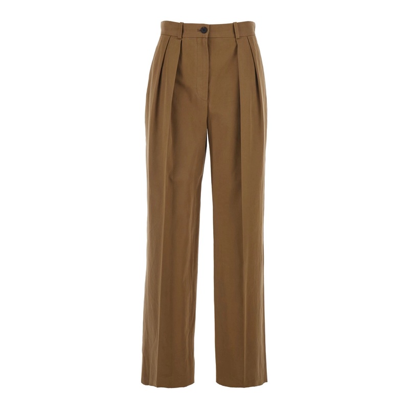 ‘Igor’ Beige Wide-Leg Pants with Double Front Pleats in Cotton Gabardine Woman