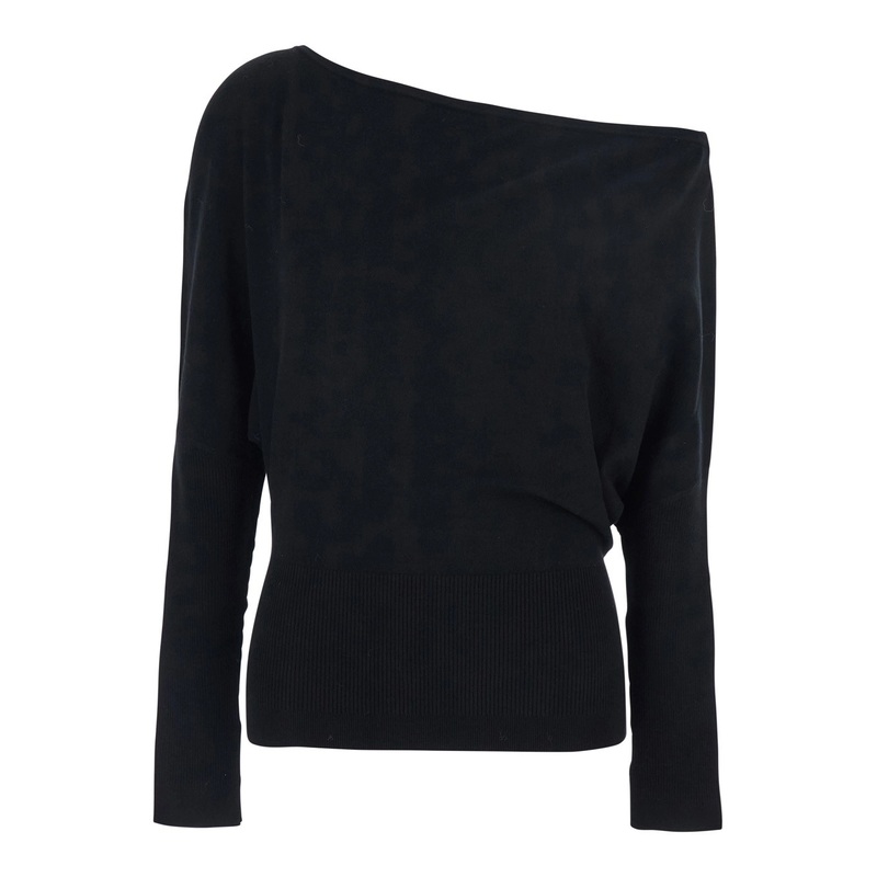 ‘Lavina’ Black Draped Off-Shoulder Sweater in Wool Blend Woman