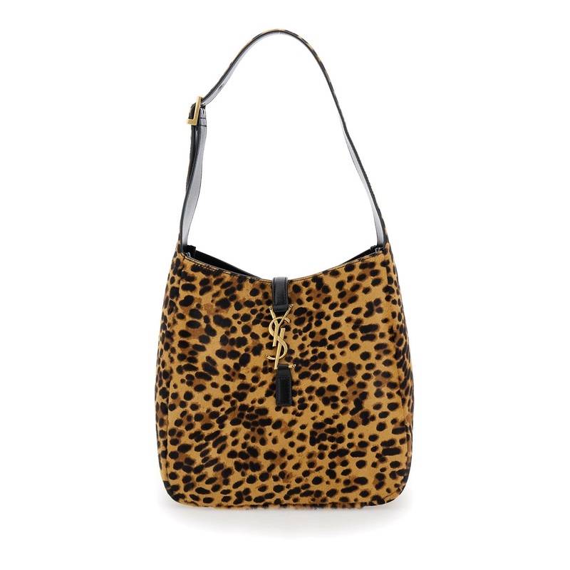 ‘Le 5 to 7’ Brown Shoulder Bag with Leopard Print in Pony and Nappa Leather
