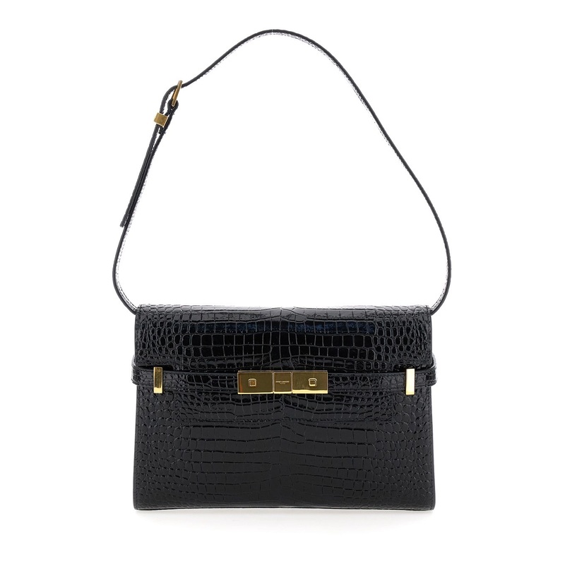 ‘Manhattan Small’ Black Shoulder Bag in Shiny Croco Embossed Leather Woman