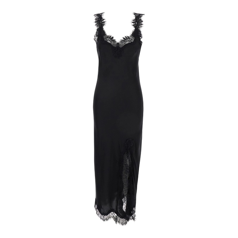 ‘Miley’ Long Black Dress with Tonal Lace Trim in Silk Woman