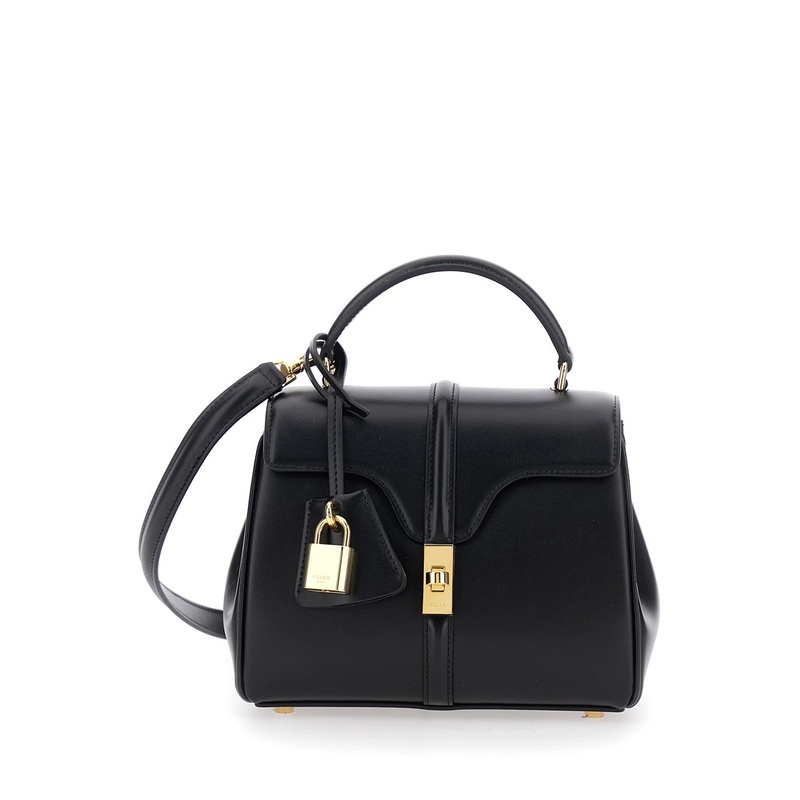 ‘Mini 16’ Black Handbag with Adjustable and Removable Shoulder Strap and Turn-Lock Closure on the Front in Leather Woman