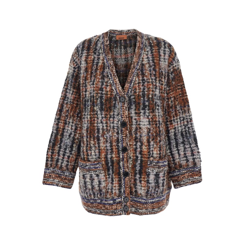 Multicolor Cardigan with V-Neck Front and All-Over Check Motif in Wool and Mohair Blend Woman