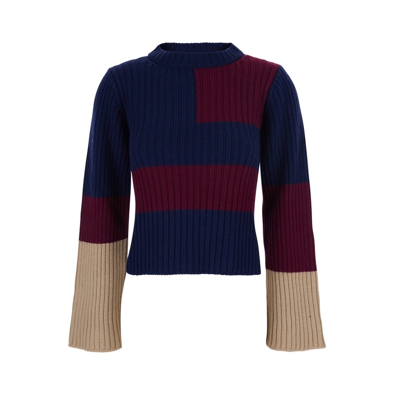 Multicolor Crew Neck Sweater with Color Block Motif and Ribbed Design in Wool Woman