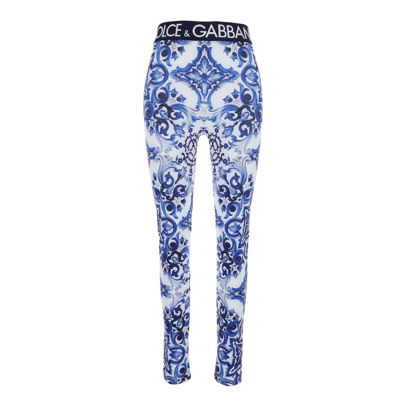 Multicolor Leggings with Logo Lettering on the Waist and All-Over Maiolica Motif in Tech Fabric Woman