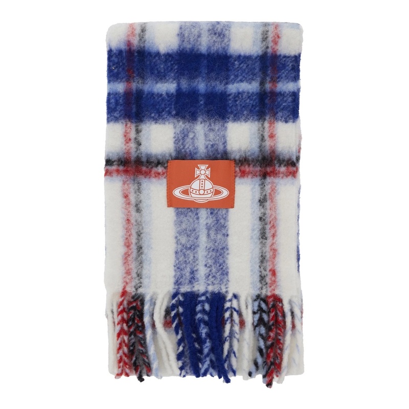 Multicolor Scarf with Orb Patch on the Front and All-Over Check Motif in Wool Unisex