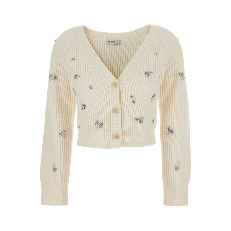 ‘Novah’ White Cropped Rhinestoned Cardigan with V Neck in Wool and Cashmere Woman