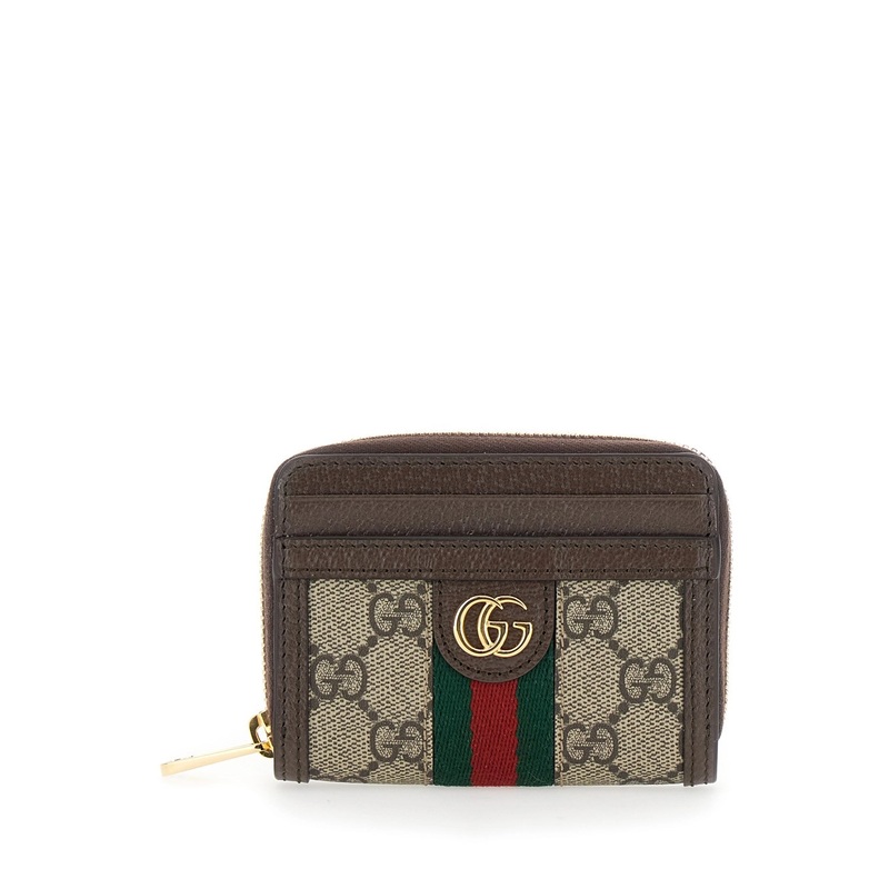 ‘Ophidia’ Beige Wallet with GG Plaque on the Front and Web Detail in GG Canvas and Leather Woman