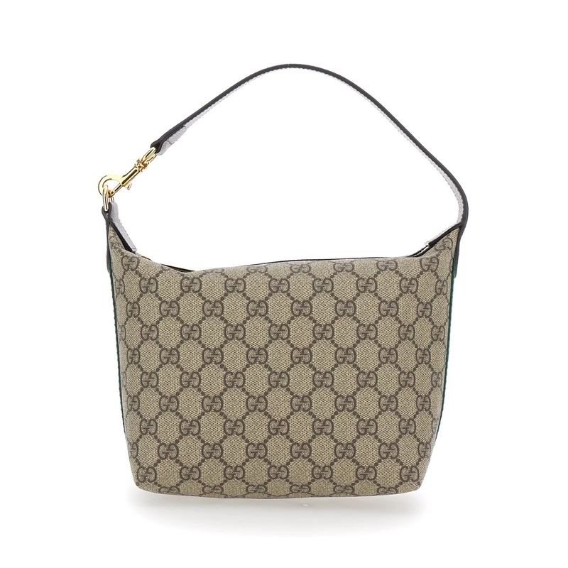 ‘Ophidia Mini’ Brown Shoulder Bag with All-Over GG Motif and Web Detail on the Sides in Fabric Woman