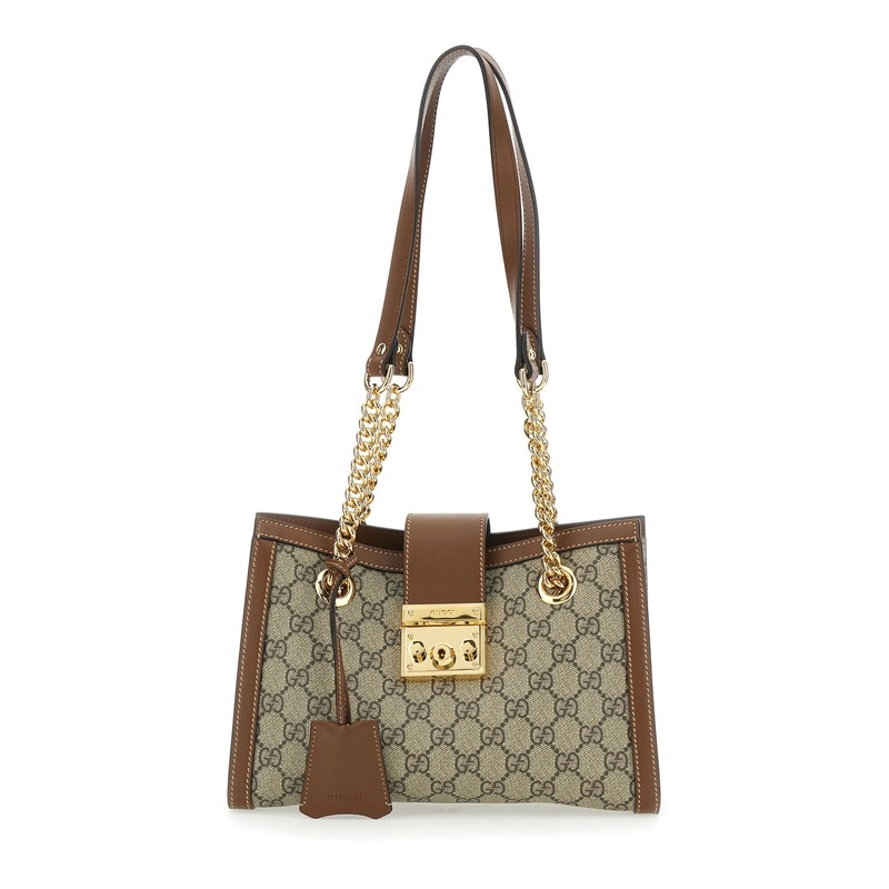 ‘Padlock’ Beige Shoulder Bag with Reinforced Chain Strap and All-Over GG Motif in Fabric Woman