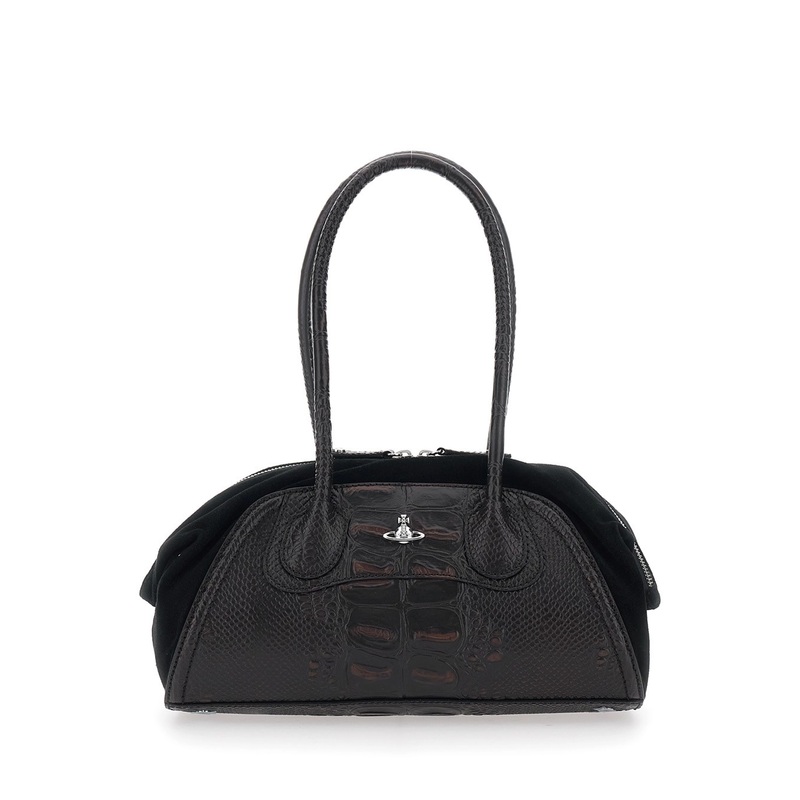 ‘Shirley Small’ Brown Shoulder Bag with Two Top Handles and Orb Plate on the Front in Crocodile-Effect Leather Woman