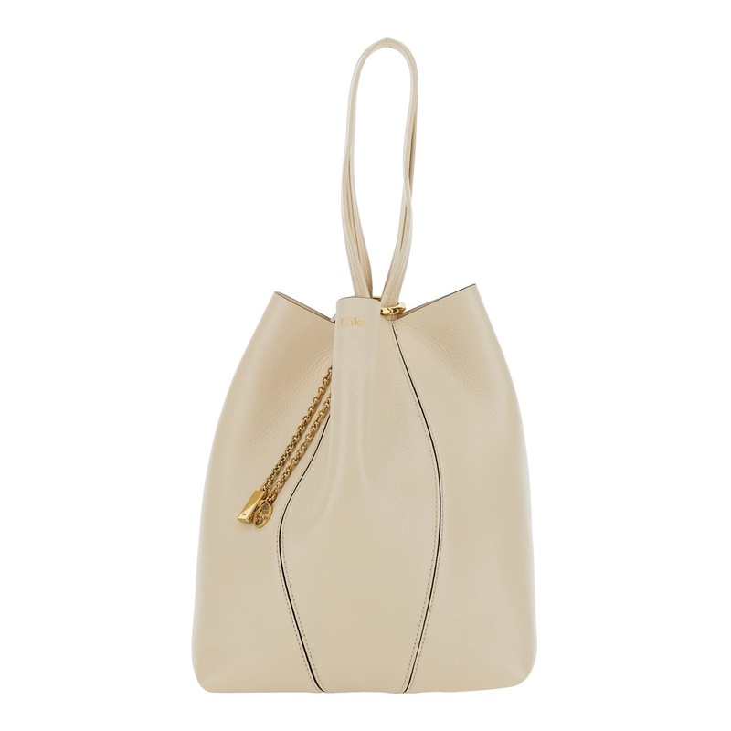 ‘Spin’ Beige Shoulder Bag with Metal Logo Medals in Grained Leather Woman