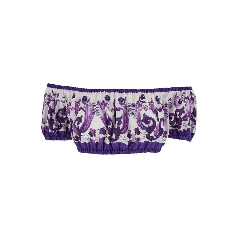 Violet Off-Shoulder Cropped Top with All-Over Floral Print in Cotton Woman