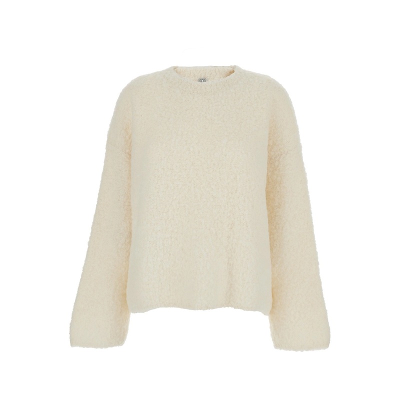 White Crewneck Sweater with Wide Long Sleeves and Ribbed Trims in Wool Blend Woman
