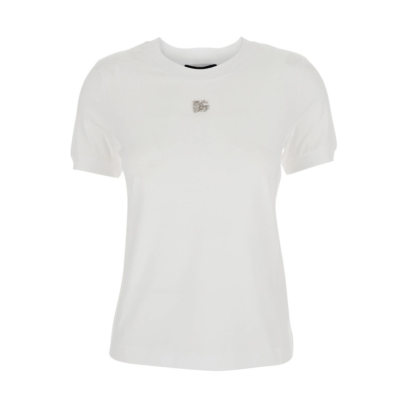 White Crewneck T-Shirt with Logo Embroidery with Crystals on the Front in Cotton Woman