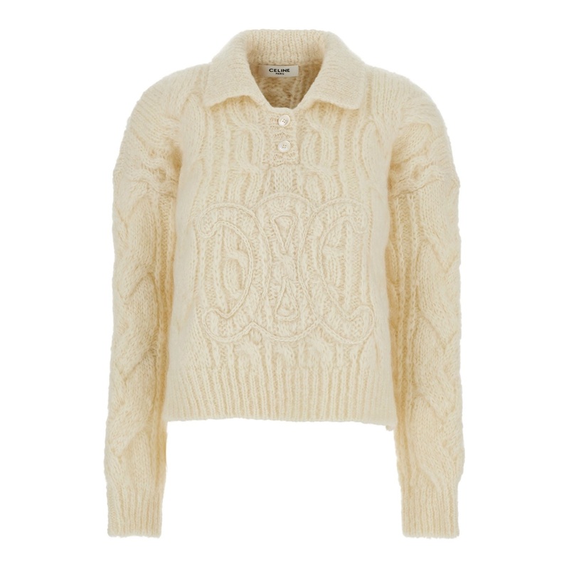 White Sweater with Classic Collar and Triomphe Logo Embroidered on the Front in Mohair and Wool Blend Woman