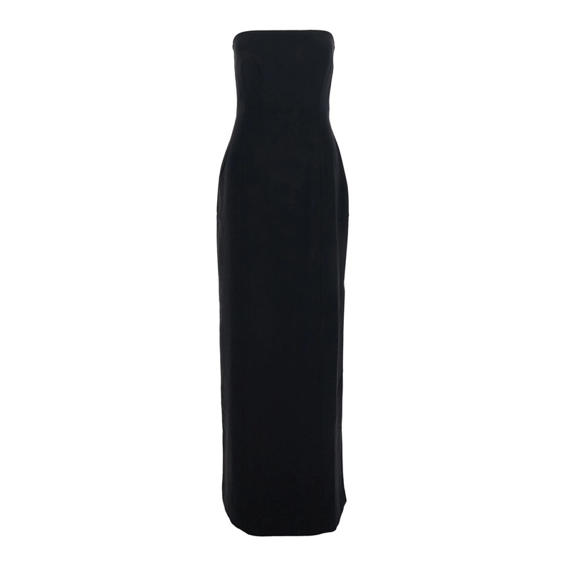 ‘Anderson’ Black Long Dress with Bare Shoulder and Back Slit in Twill Woman