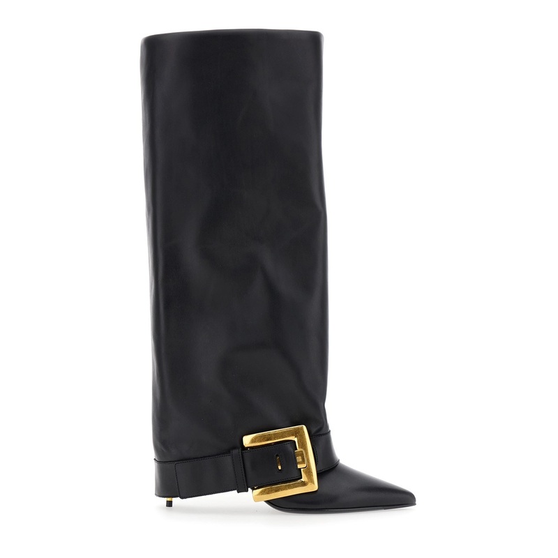 ‘Anthem’ Black Slip-On Boots with Decorative Metal Buckle in Leather Woman