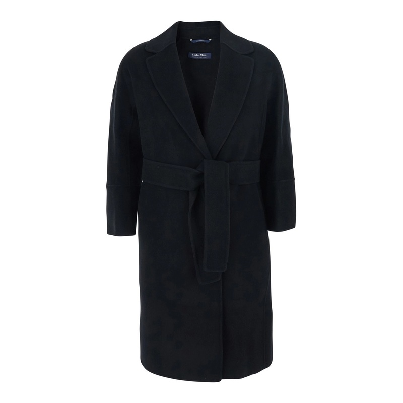 ‘Arona’ Black Coat with Notched Revers and Front Belt Closure in Wool Woman