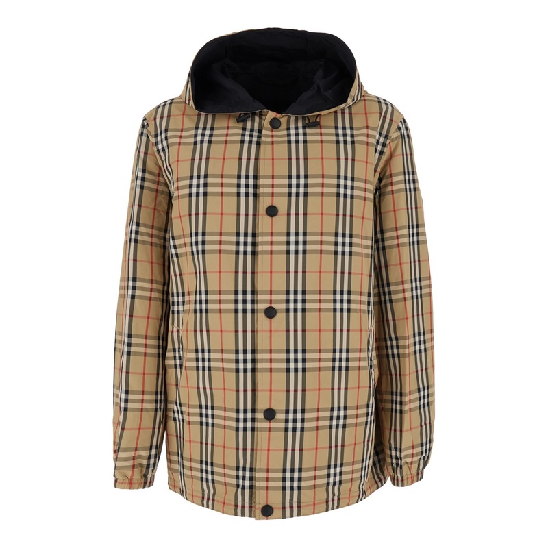 Beige Reversible Jacket with Drawstring Hood and All-Over Check Motif in Tech Fabric Man