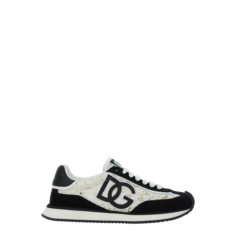Black and White Low Top with Lace Details and DG Patch on the Side in Fabric and Suede Blend Woman