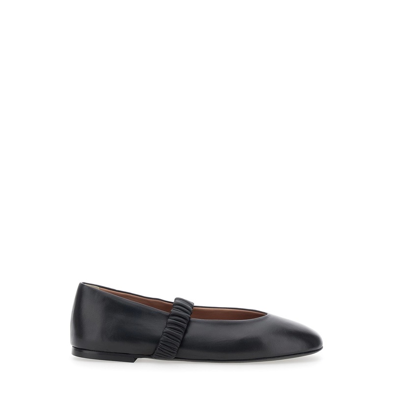 Black Ballet Flats with Elasticated Band on the Front in Leather Woman