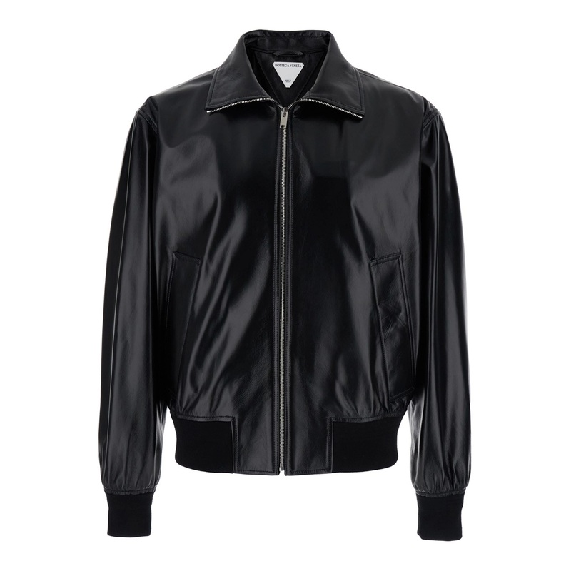 Black Bomber Jacket with Two Front Welt Pockets in Leather Man