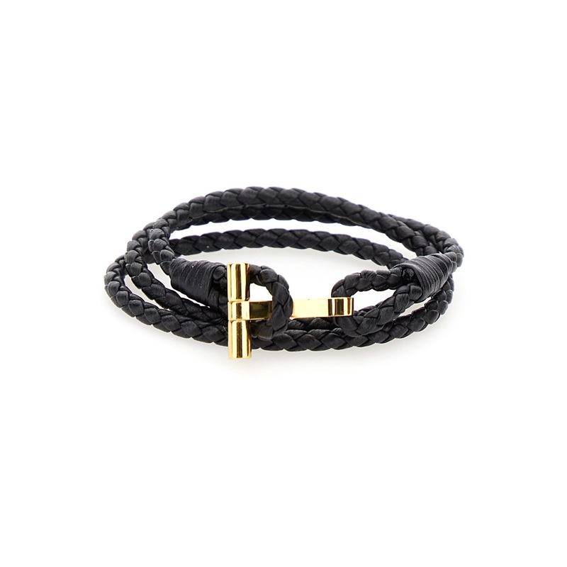 Black Bracelet with T Detail in Braided Leather Man
