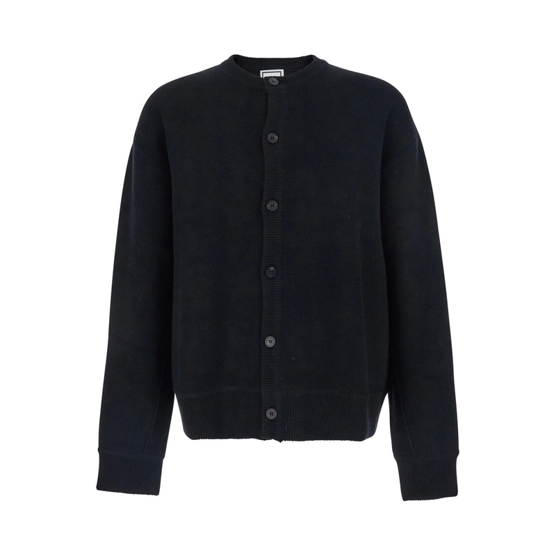 Black Crewneck Cardigan with Logo Patch on the Rear and Ribbed Trims in Wool Blend Man