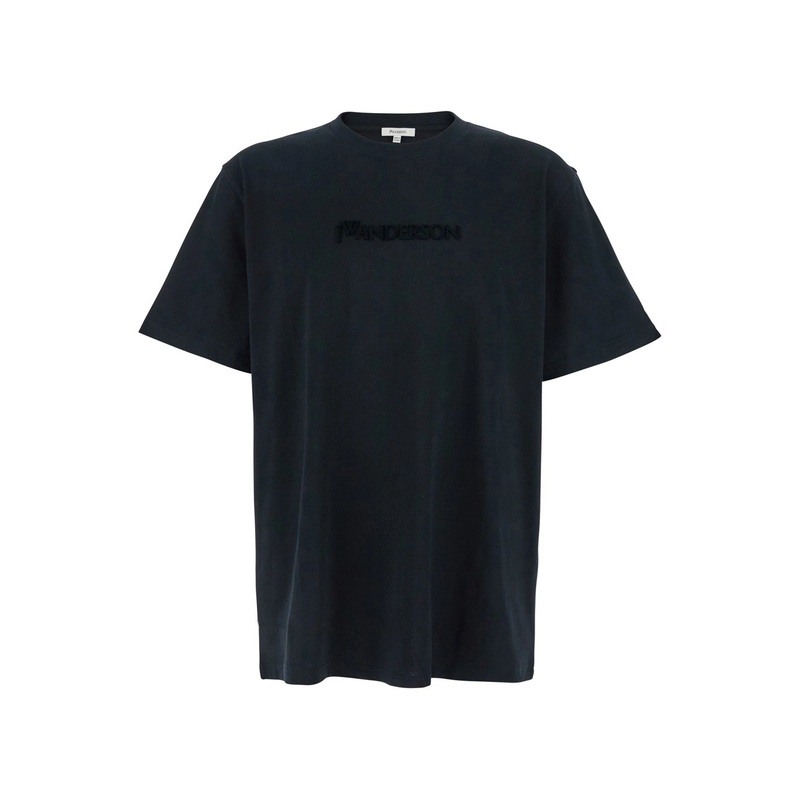 Black Crewneck T-Shirt with Logo Lettering Embroidery on the Front in Cotton Man