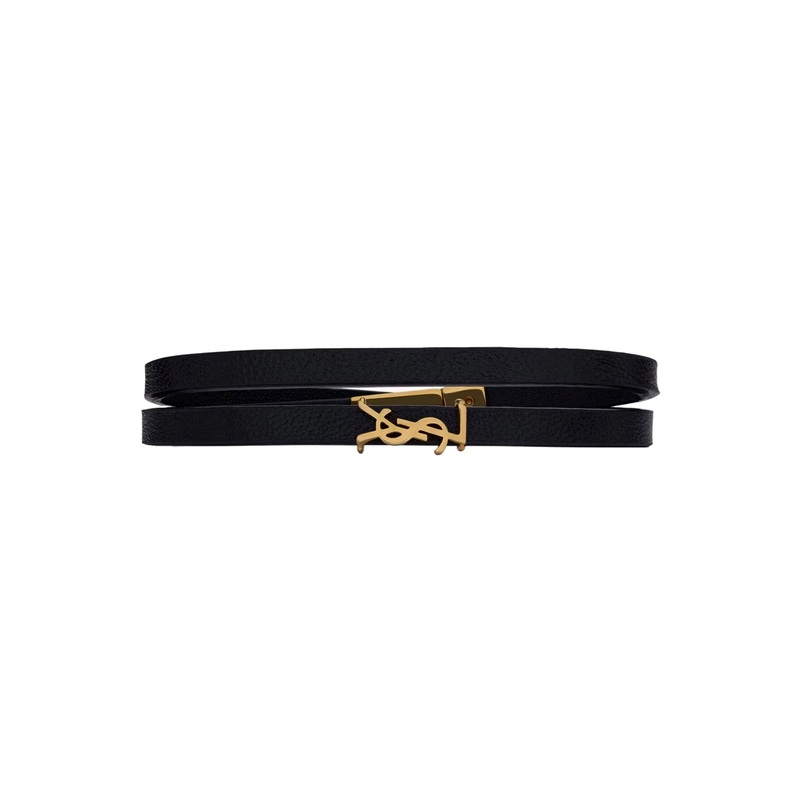 Black Double Thin Bracelet with Cassandre Plaque on the Front in Grained Leather Woman