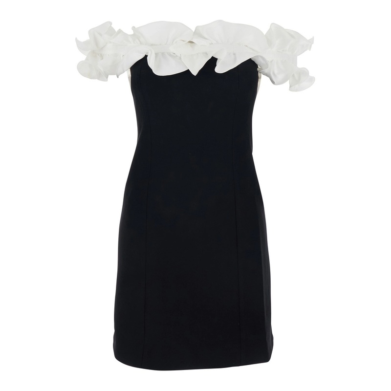 Black Dress with Bare Shoulders and Ruffle Details in Fabric Woman