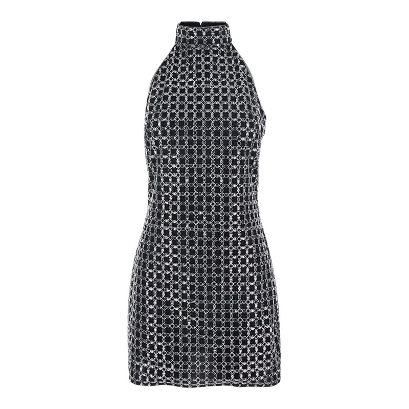 Black Dress with High Neck and Beaded Decorations in Fabric Woman