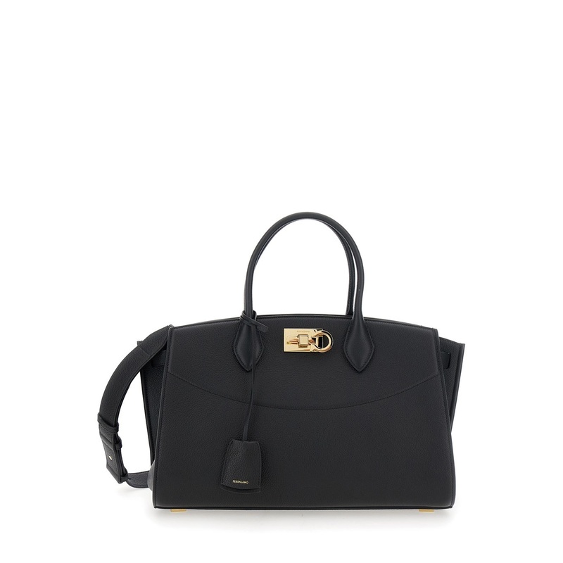 Black Handbag with Adjustable and Removable Shoulder Strap and Gancini Turn-Lock Closure in Grained Leather Woman