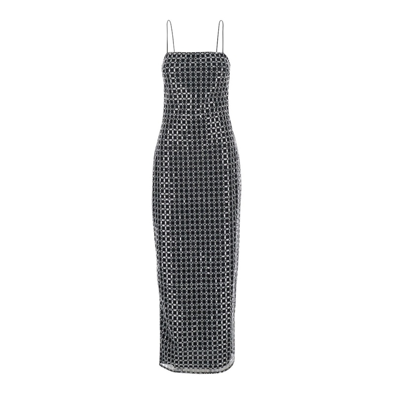 Black Long Dress with Thin Straps and Beaded Decorations in Fabric Woman