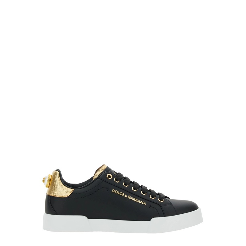 Black Low Top Sneakers with Logo Lettering on the Tongue and Logo Detail on the Heel in Leather Woman