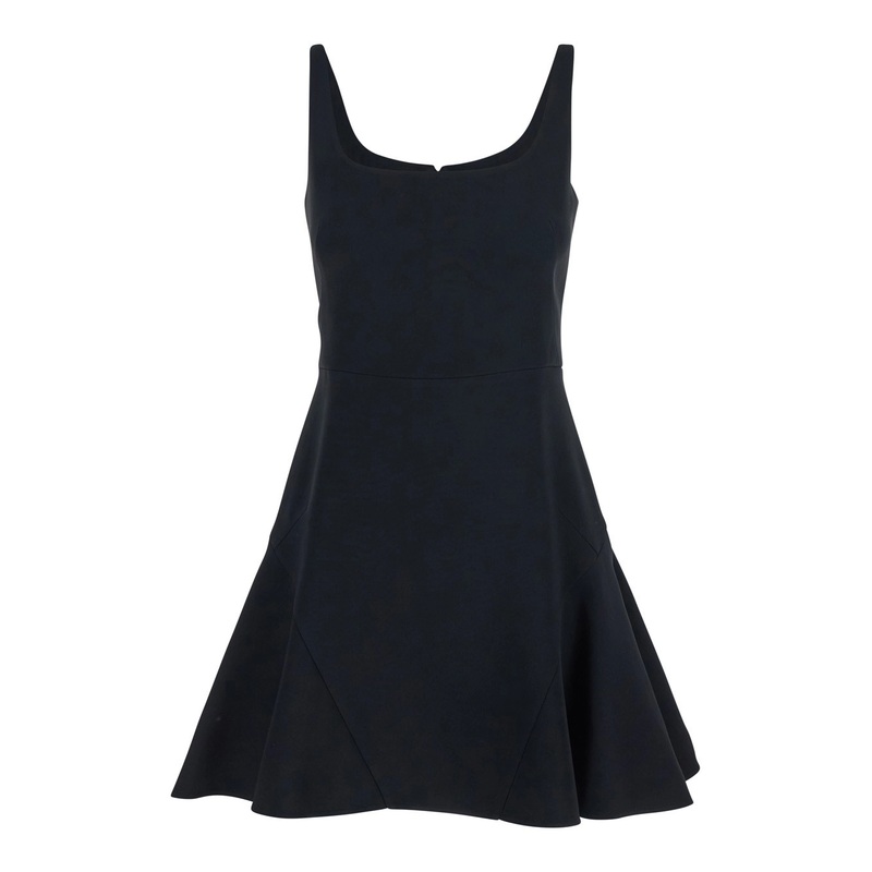 Black Mini Dress with Flared Skirt and Square Neckline in Viscose Blend Stretch Woman